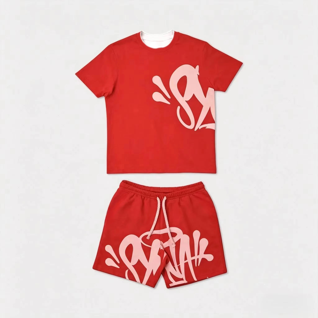 2026 Summer New Style Unisex Abstract Graffiti Graphic 2 Piece Tracksuit Black Tee and Elastic Waist Shorts for Kids Streetwear