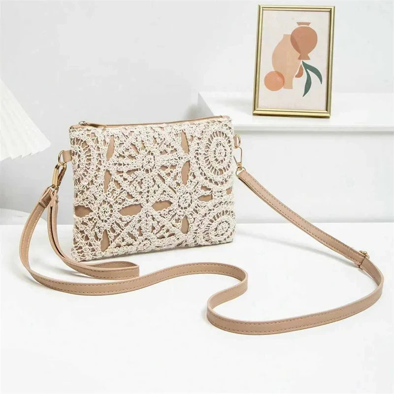 1PCS Simple Versatile Crossbody Crochet Bag, New Woven Bag, Zipper Closure, Retro Casual Beach Flower Women's Bags