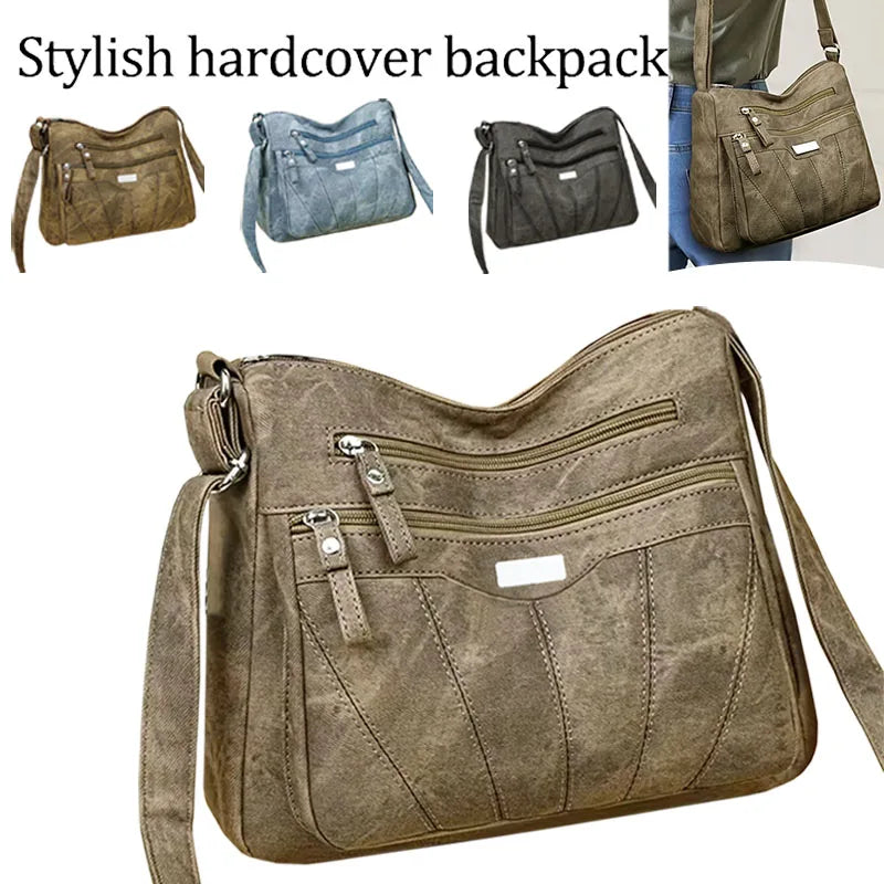Durable Washed Faux Leather Shoulder Bag, Women's Multi‑pocket Crossbody Purse with Spacious Capacity for Everyday Life