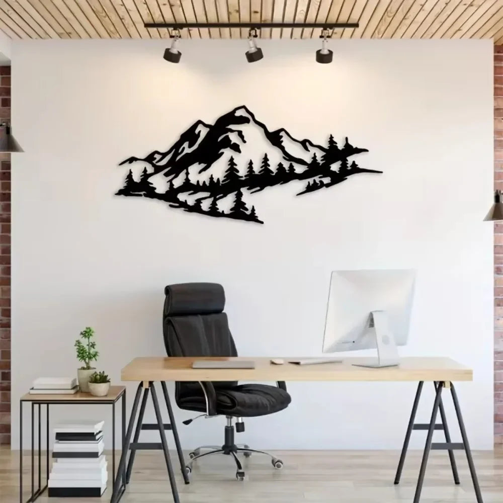 1pc Rust-Resistant Metal Mountain View Decor Black Wall Art for Indoor and Outdoor Home Walls, Stylish and Durable Accent