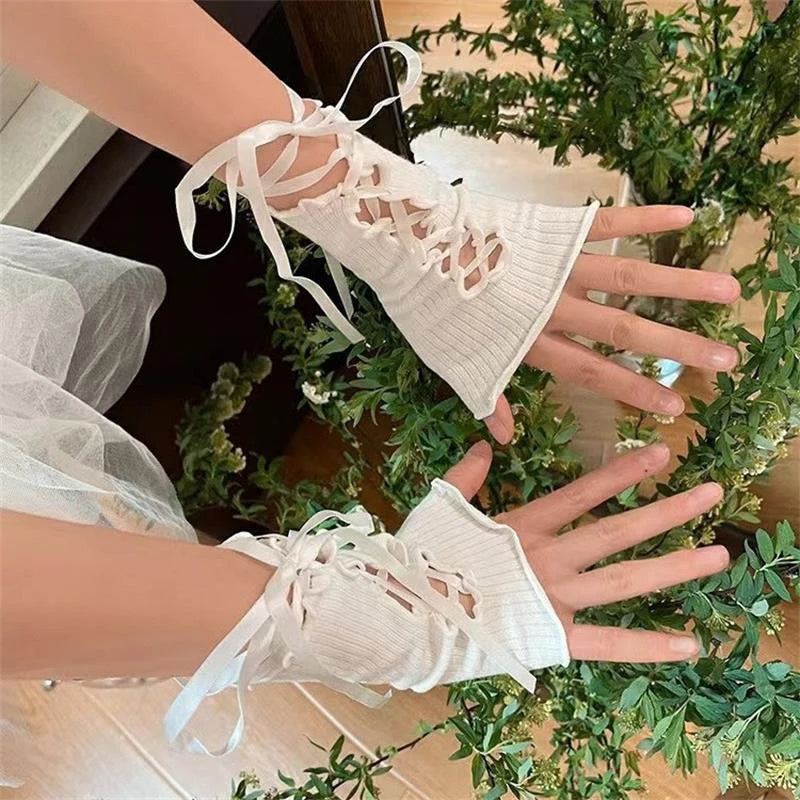 Women Strapping Lace Fingerless Hot Sexy Arm Sleeves DIY Lace-up Sunscreen Gloves Elastic Mesh Punk Gloves Mountaineering Gloves