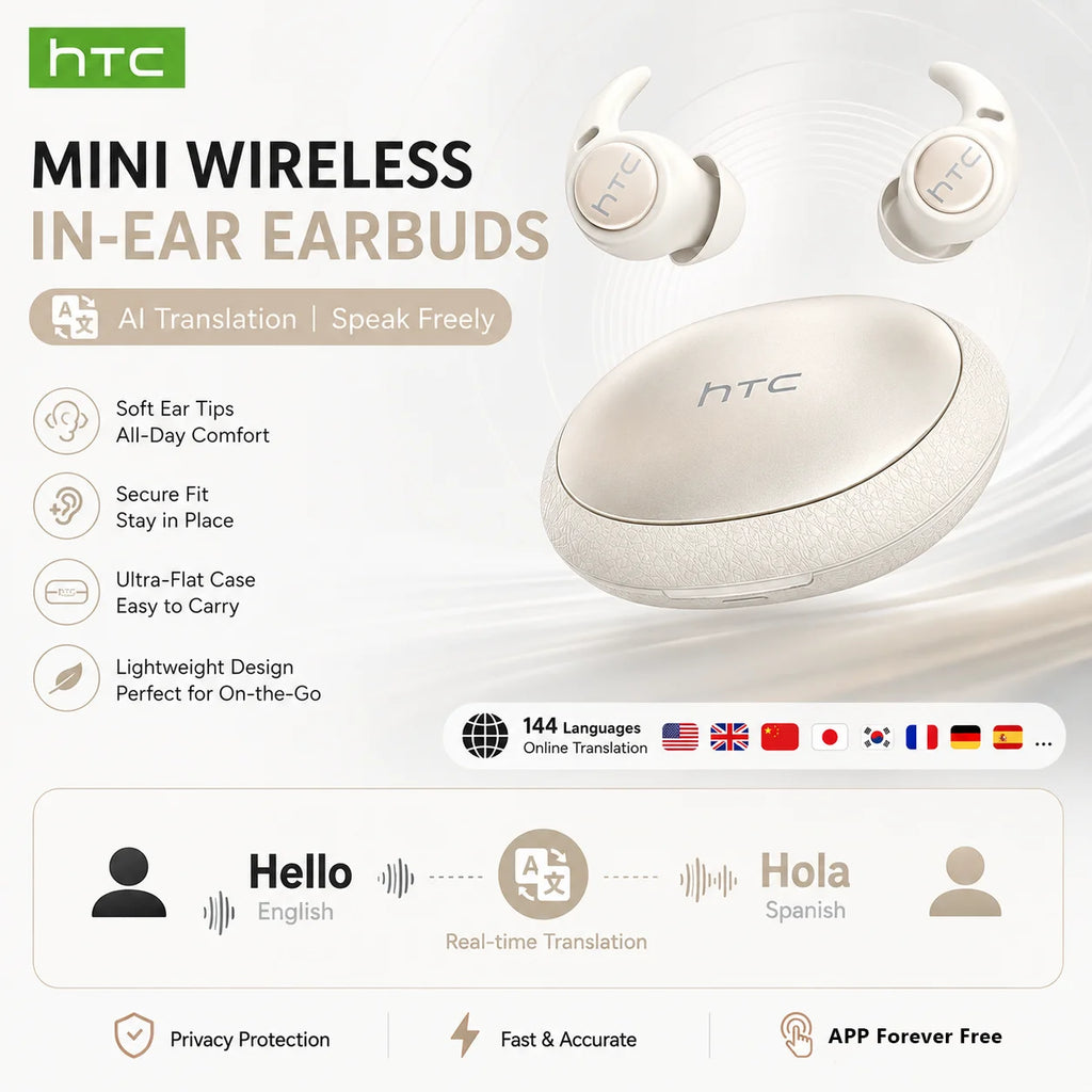 HTC NE76 Bluetooth Earbuds Mini Sleeping Earbuds for Wireless Earphones AI Translator, Noise Reduction Long Battery Headphones