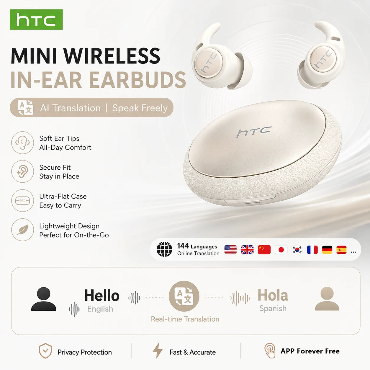 HTC NE76 Bluetooth Earbuds Mini Sleeping Earbuds for Wireless Earphones AI Translator, Noise Reduction Long Battery Headphones