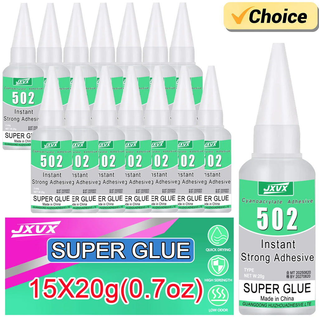 15pcs 502 Super Glue Instant Quick-drying Cyanoacrylate Transparent Adhesive Leather Rubber Wood Metal Glass Strong Bond Liquid Glass Glue High Viscosity Tool With precision dispenser 20g(0.7oz).