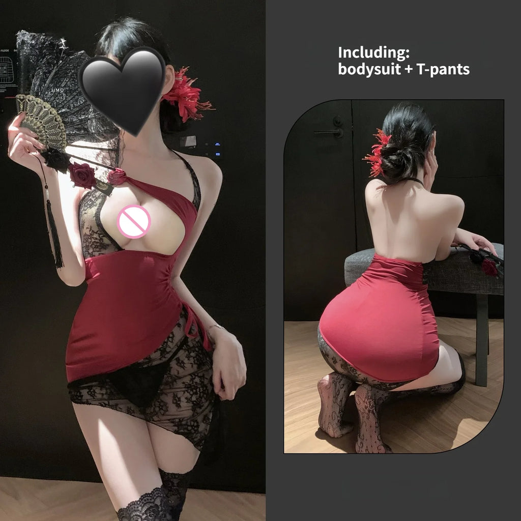 Sexy ultra-thin see-through rose lace panel waist-hugging hip-hugging skirt sexy lingerie passionate battle dress for women