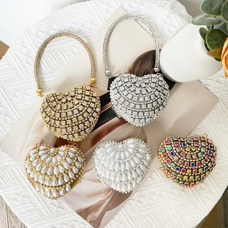Heart Shaped Diamond Encrusted Glass Stone Evening Bag Women's Chain Handbag Stylish Crossbody Bag Elegant  Shape