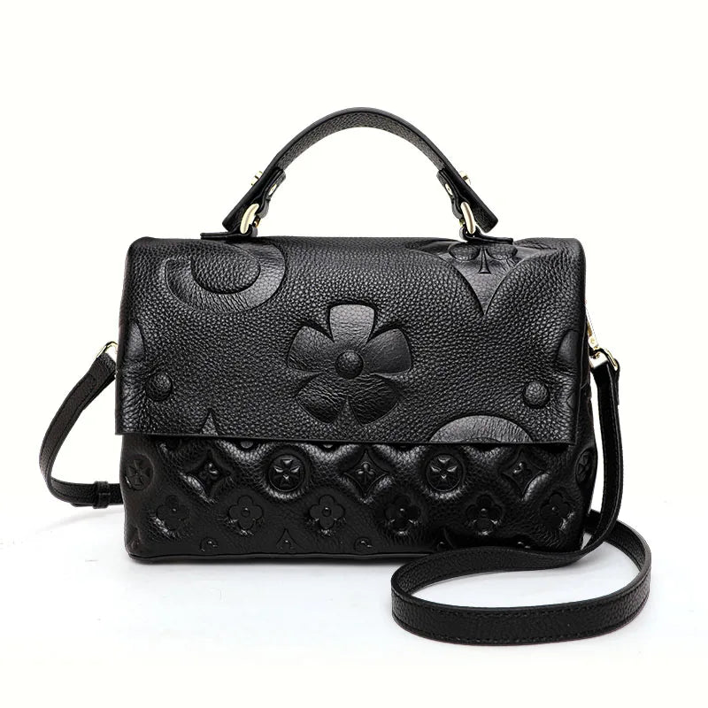 New Stylish Cowhide Shoulder Bags for Casual Middle-aged Moms, Printed Genuine Leather Crossbody Soft Handbags for Women