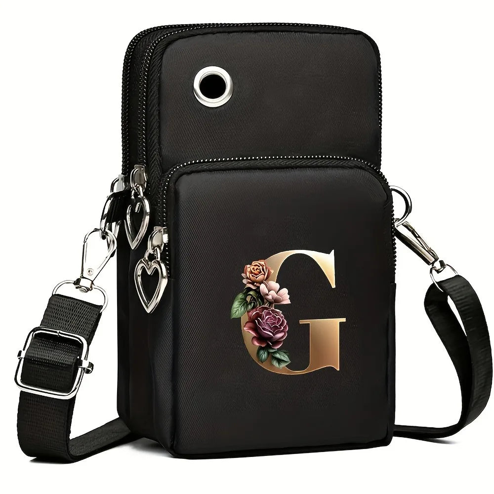 Fashion A-Z Letter Print Women's Crossbody Bag Large Capacity Three-Layer Zipper Phone Bag Daily Travel Coin Purse