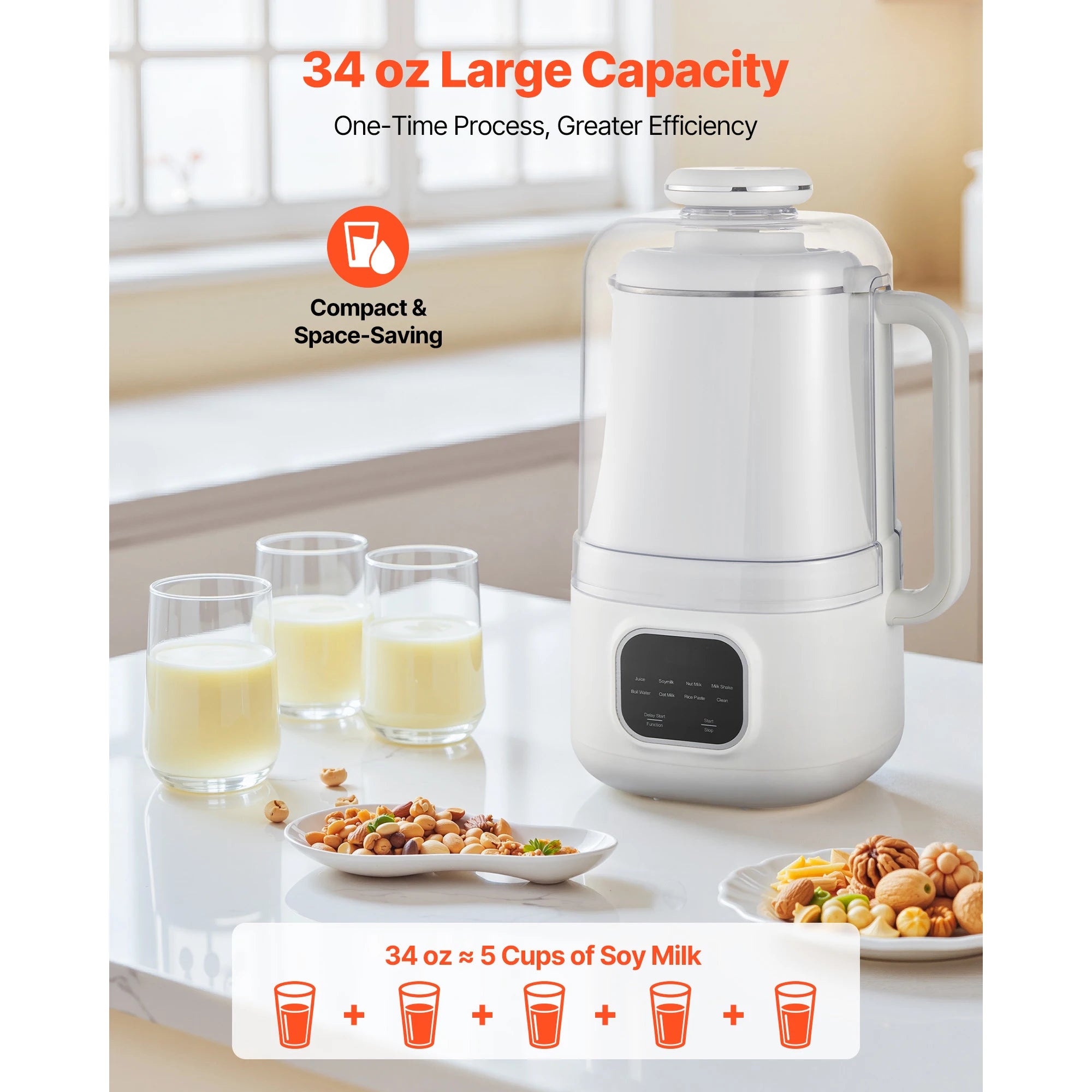 SucceBuy 8-in-1 Nut Milk Maker 34 oz Soy 200W for Homemade Oat Plant-Based Beverages with Self-Cleaning Boil Water 12-Hour Delay