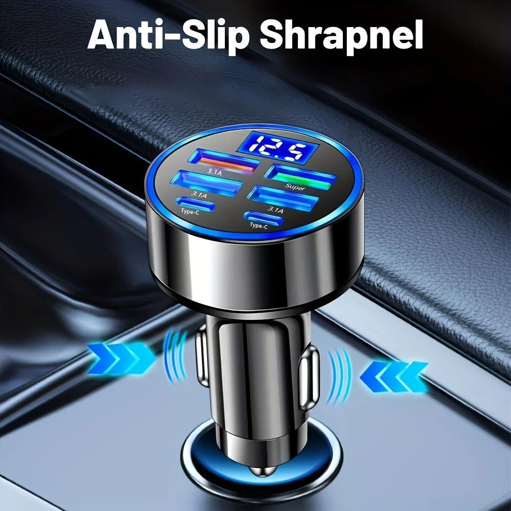 6-Port Car Charger, 3.1A USB & Type-C Fast Charge Adapter with LED Voltage Display Fast Delivery