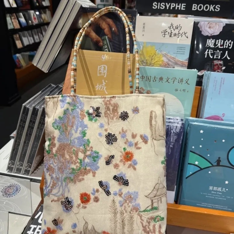 2026 New Chinese Style Embroidery Canvas Tote Bag Large Capacity Single Shoulder Commuter Handbag Shopping Bag for Women