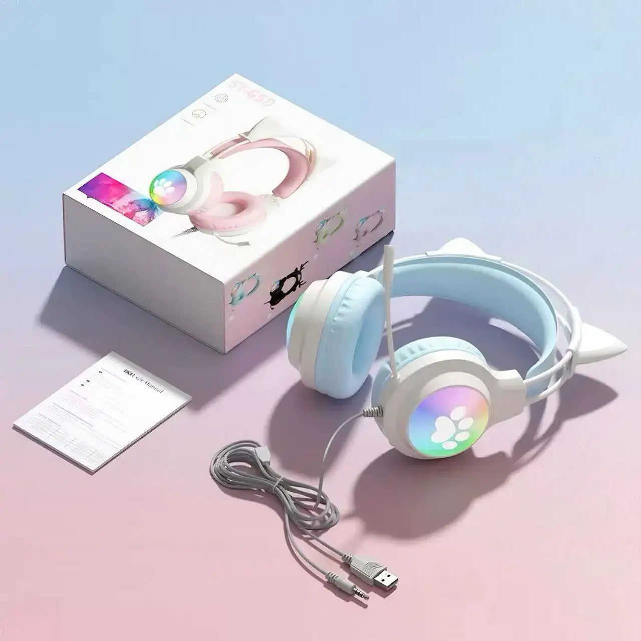 SOYTO Wired Cat Ear Headphones RGB LED Light Up Gaming Headset 3D Deep Bass Stereo Headphones with Mic for PC Laptop Girls