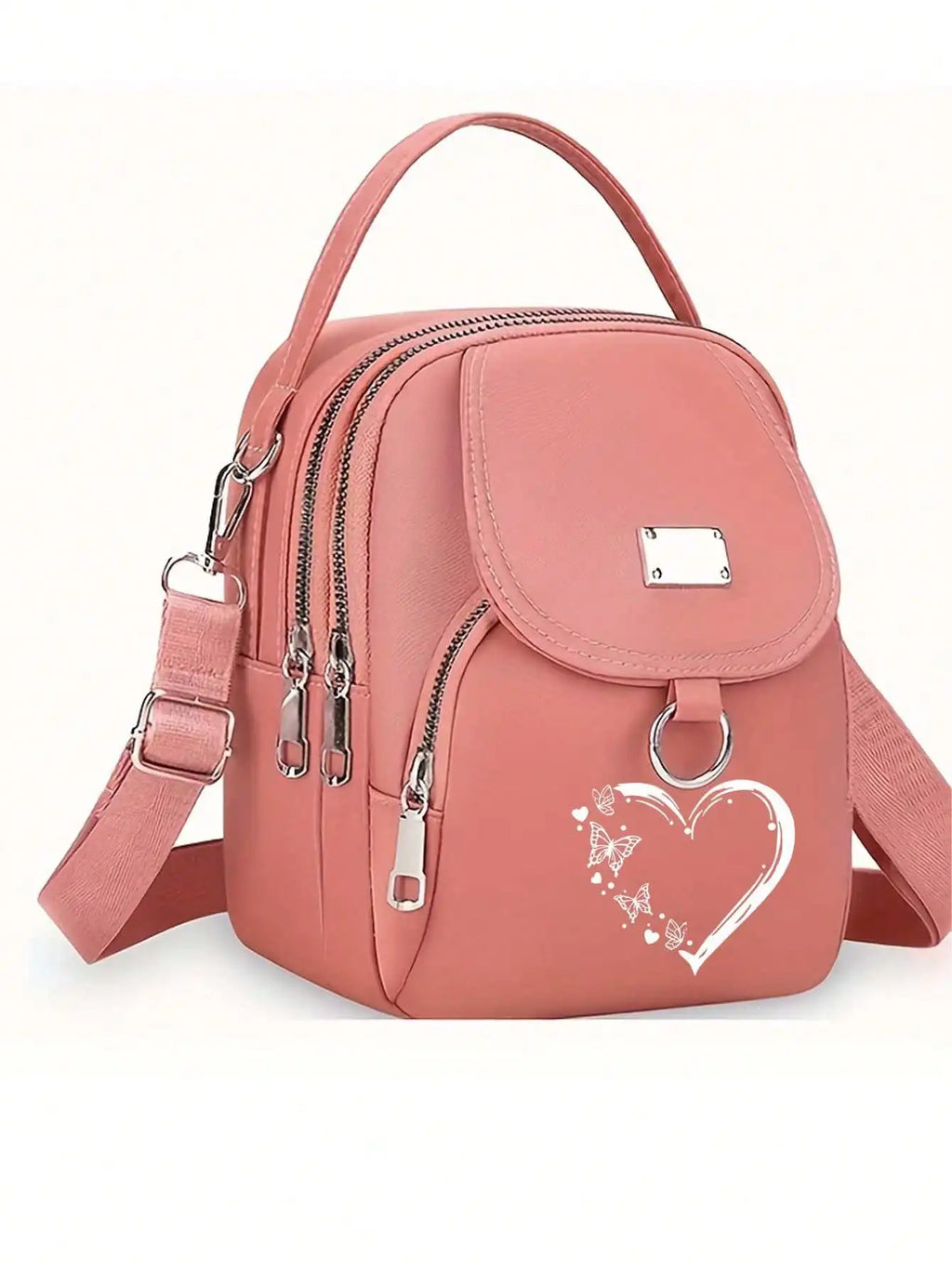 1pc Women's Nylon Shoulder Bag Heart Butterfly Pattern Casual Mini Crossbody Bag Adjustable Multi-Layer Solid Color Hand Bag