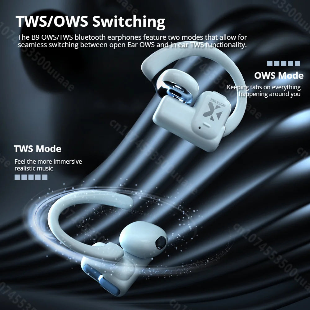 Zombies Cat B9 OWS/TWS Wireless Earbuds Open Ear/in Ear Dual Mode Bluetooth 5.4 Earphones Crystal Clear Calls Wireless Headphone