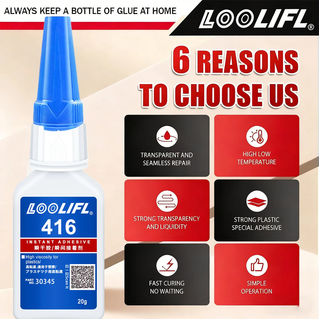 LOOLIFL 20ml 416 Instant Strong Super Glue Universal Mighty for Resin Ceramic Metal Wood Glass Fast Dry Bond Liquid Glue Tool