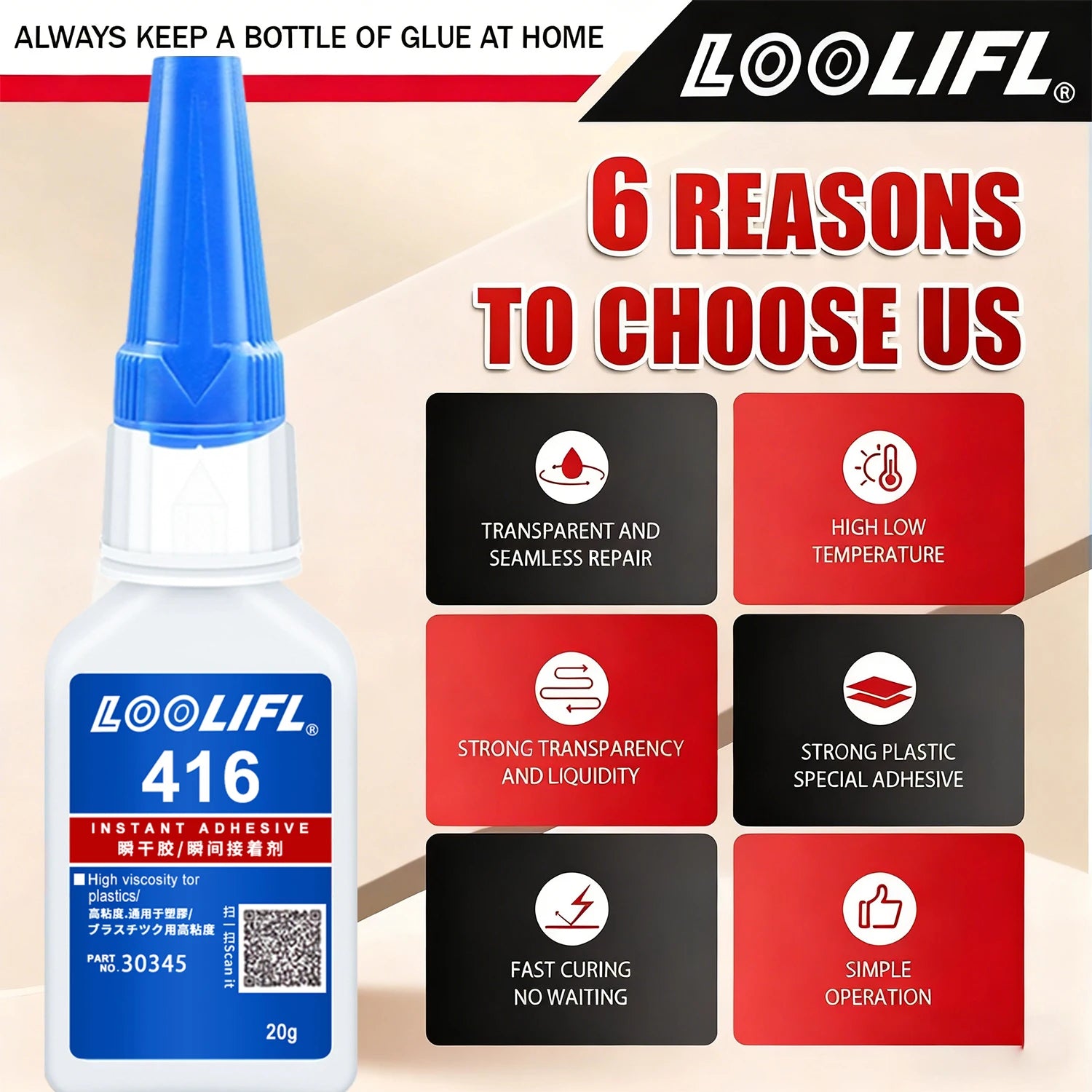 LOOLIFL 20ml 416 Instant Strong Super Glue Universal Mighty for Resin Ceramic Metal Wood Glass Fast Dry Bond Liquid Glue Tool