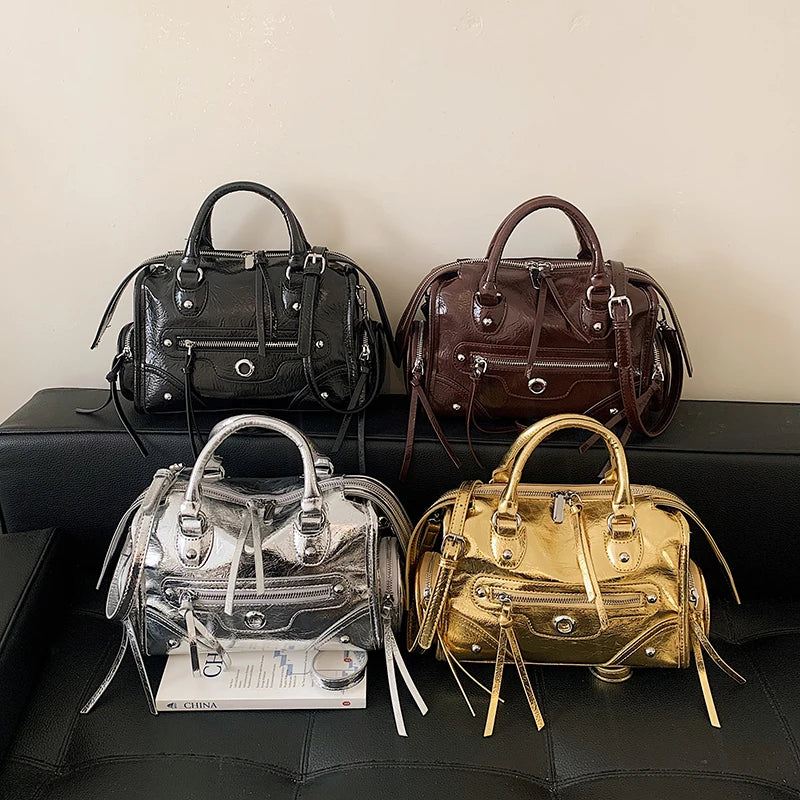 Luxury Metallic Silver Gold Patent Leather Motorcycle Bag Cool Rivet Tassel Mini Boston Handbag Trendy Crossbody Purse