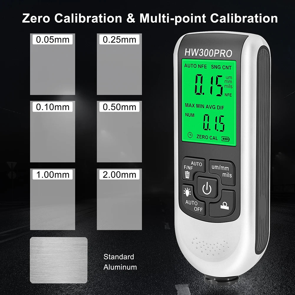 HW300-MAX Car Paint Film Automatic Thickness Gauge 0-2000UM Fe & NFe Auto Power Off Car Coating Thickness Tester Automotive Tool