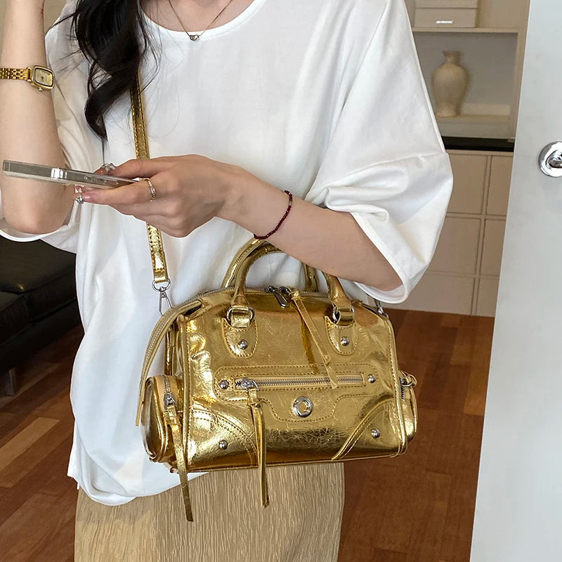 Luxury Metallic Silver Gold Patent Leather Motorcycle Bag Cool Rivet Tassel Mini Boston Handbag Trendy Crossbody Purse