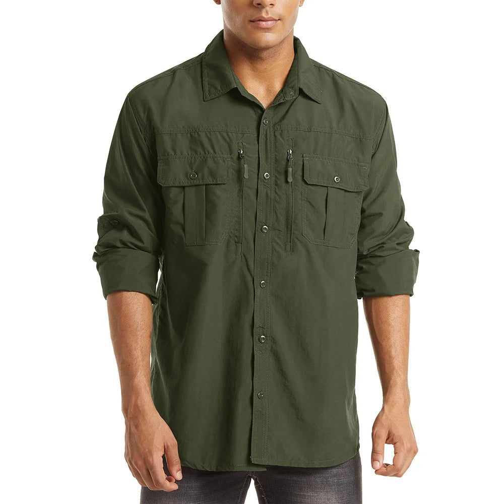 KEFITEVD Quick Dry Men's Hiking Shirts Zipper Chest Pocket Long Sleeve Cargo Shirts Lightweight Camping Trekking Fishing Shirt