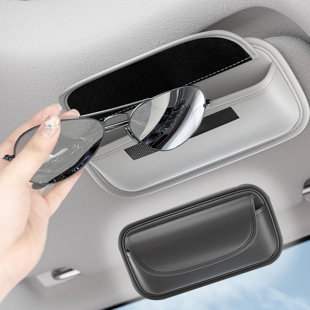 Car Glasses Case Wear-Resistant PU Leather Sunglasses Holder Hook and Loop Fastener Eyewear Protection Box Scratch-Free