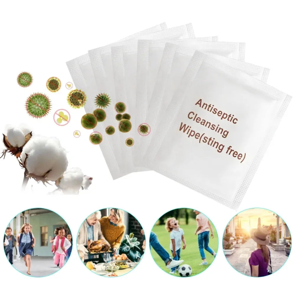 100Pcs Antiseptic Wipes Sting-Free Disposable First-Aid Non-Alcoholic Protective Cleaning Emergency Kit Travel Home Sterile