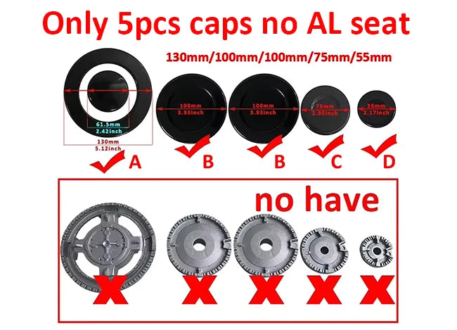 ABBCD 3MM Heavy Durable 130/100/100/75/55mm 5pc a Set Stove Cap Burners Without AL Seat