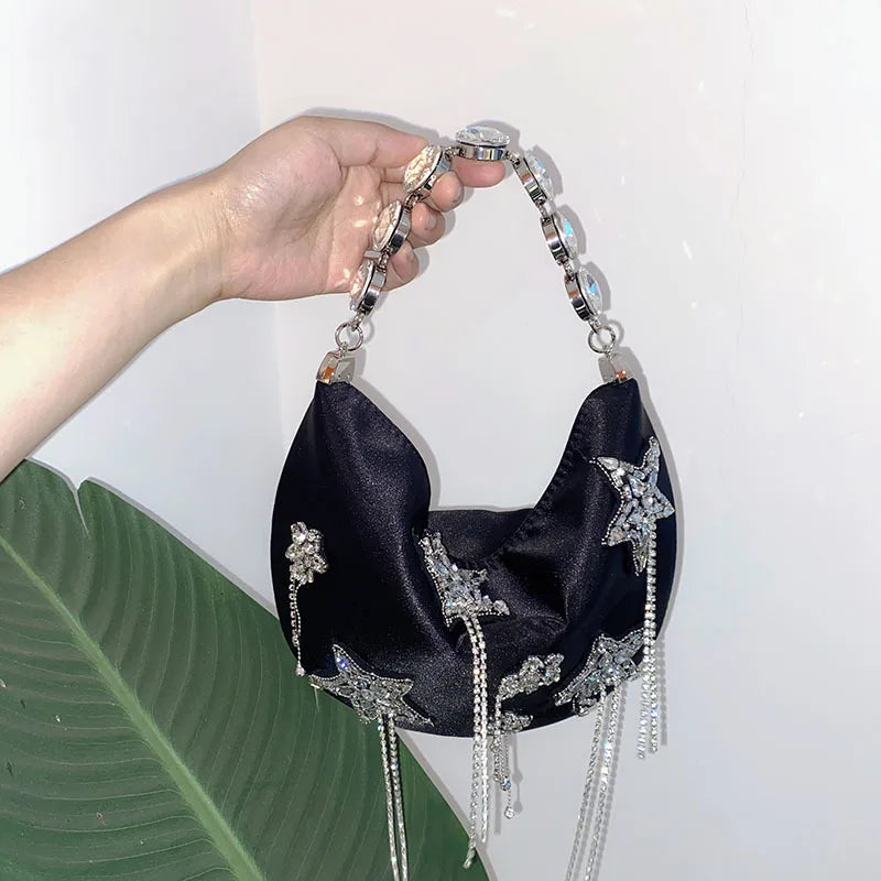 Women Silk Handbag Diamond Bucket Bag StarTassel Evening Bag Shoulder Bag Hobo Bag Party Purse Female Clutches Bolsos