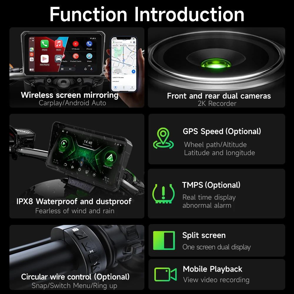 6 Inch Motorcycle 2K HD Multimedia Player GPS Navigation Wireless Carplay Android Auto IPX8 Waterproof Touch Screen Bluetooth