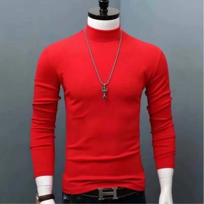 2026 Autumn Winter Men's High Neck T-shirt Slim Fit Fashion High Elastic Long Sleeve Cotton Casual Breathable Apparel Pullover