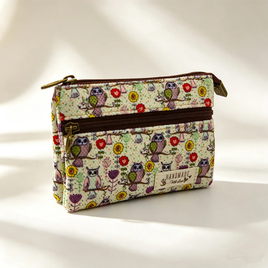 Women's short purse with cotton fabric printed design, light and fresh style, card holder, coin holder, student's small wallet