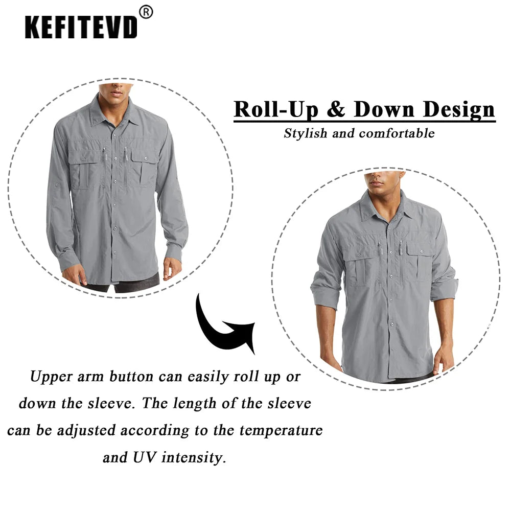 KEFITEVD Quick Dry Men's Hiking Shirts Zipper Chest Pocket Long Sleeve Cargo Shirts Lightweight Camping Trekking Fishing Shirt