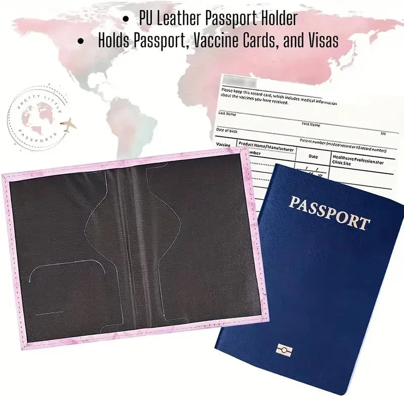Pink PU Leather Passport Holder with Embroidery Label, Ticket & ID Credit Card Holder Cover, Travel Accessories