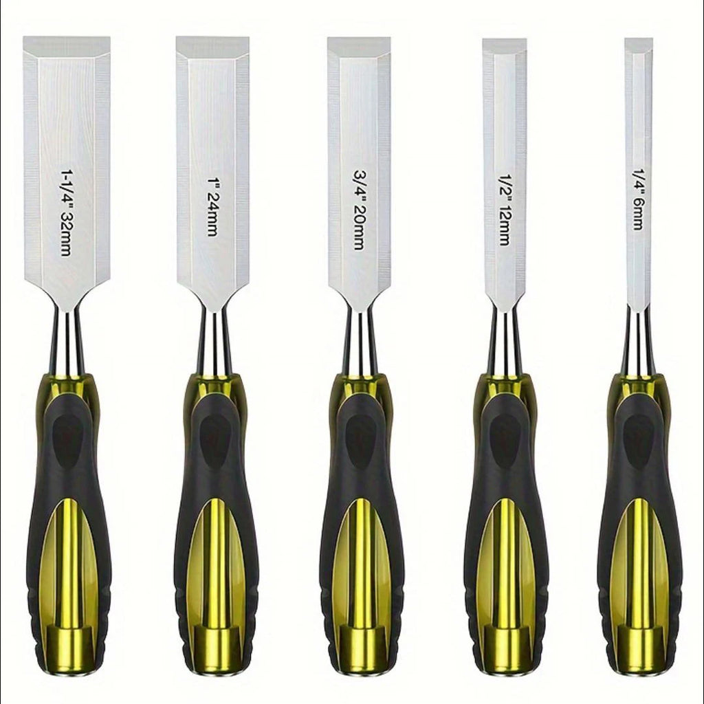 5Pcs Wood Chisel Kit Heavy Duty Carbon Steel Wood Carving Chisels 1/4"-1-1/4" Ergonomic Handle Woodworking