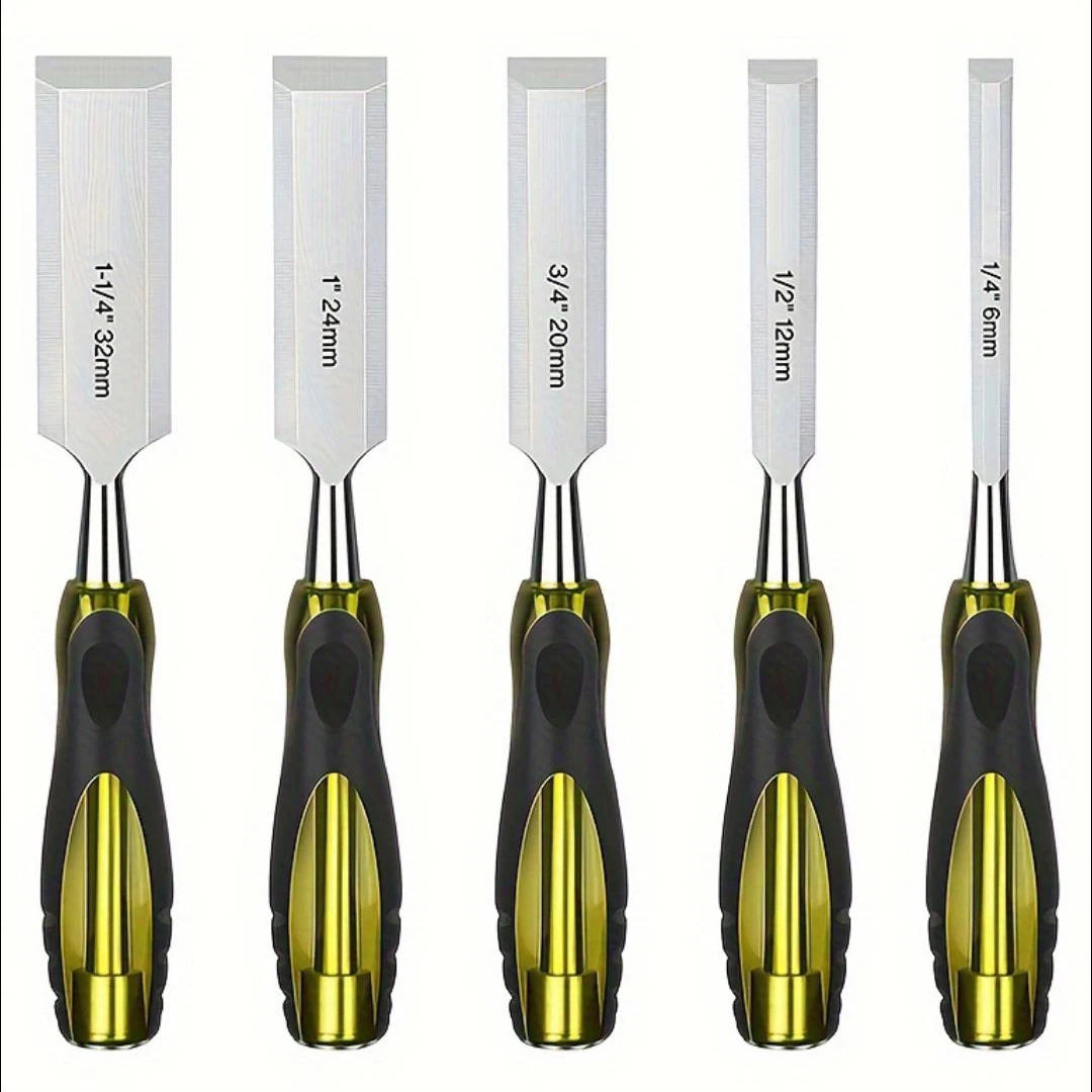 5Pcs Wood Chisel Kit Heavy Duty Carbon Steel Wood Carving Chisels 1/4"-1-1/4" Ergonomic Handle Woodworking