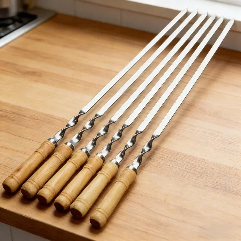 6pcs BBQ Skewer Stainless Steel Barbecue Needle Fork With Long Flat Wood Handle For Outdoor Meat Grill Barbecue Tools Organizer