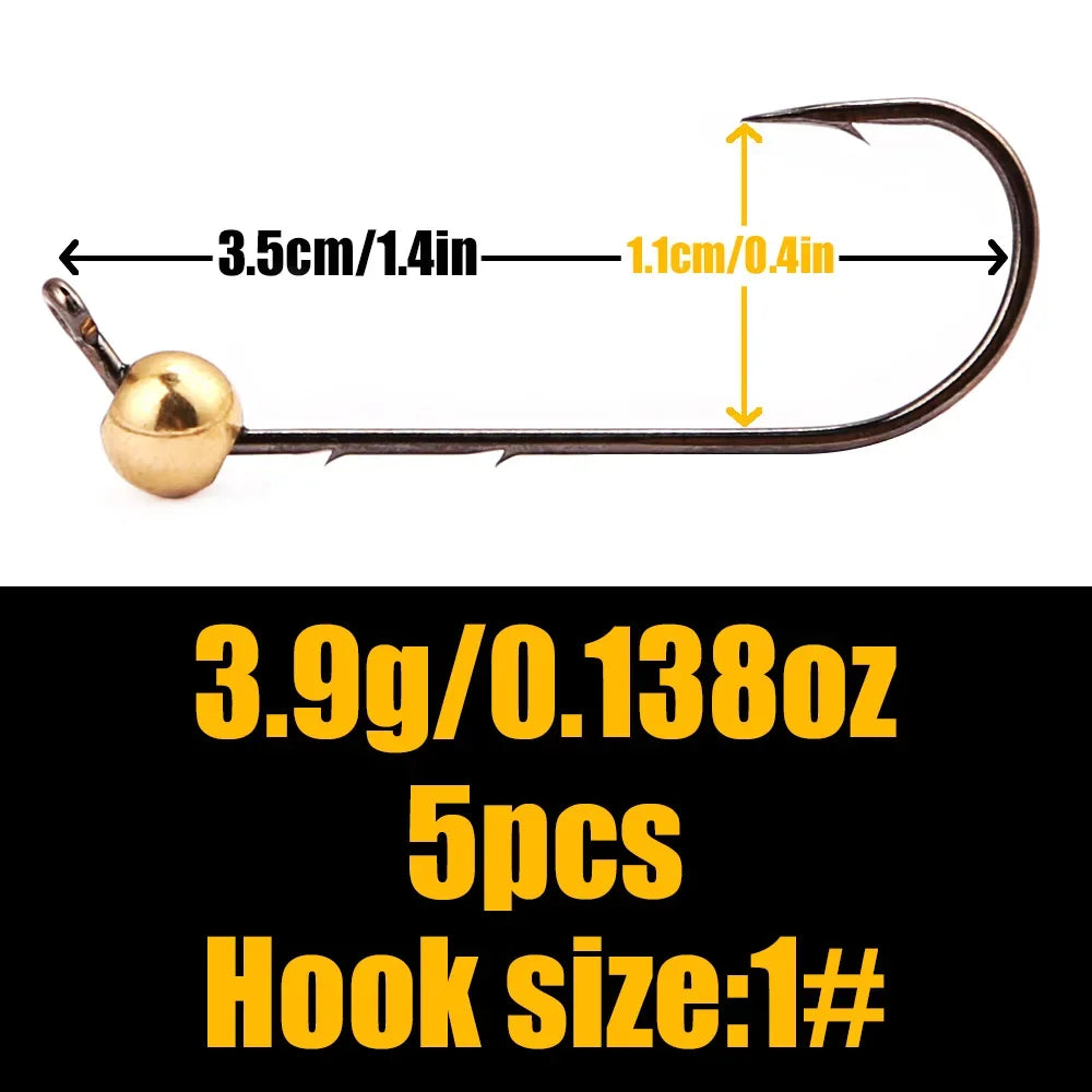 B&U 5pcs Micro Jig Head Fishing Hooks Set 0.5g-4g Copper Head Mini Crank Jig Fishhook for Soft Worm Lure Fishing Accessories