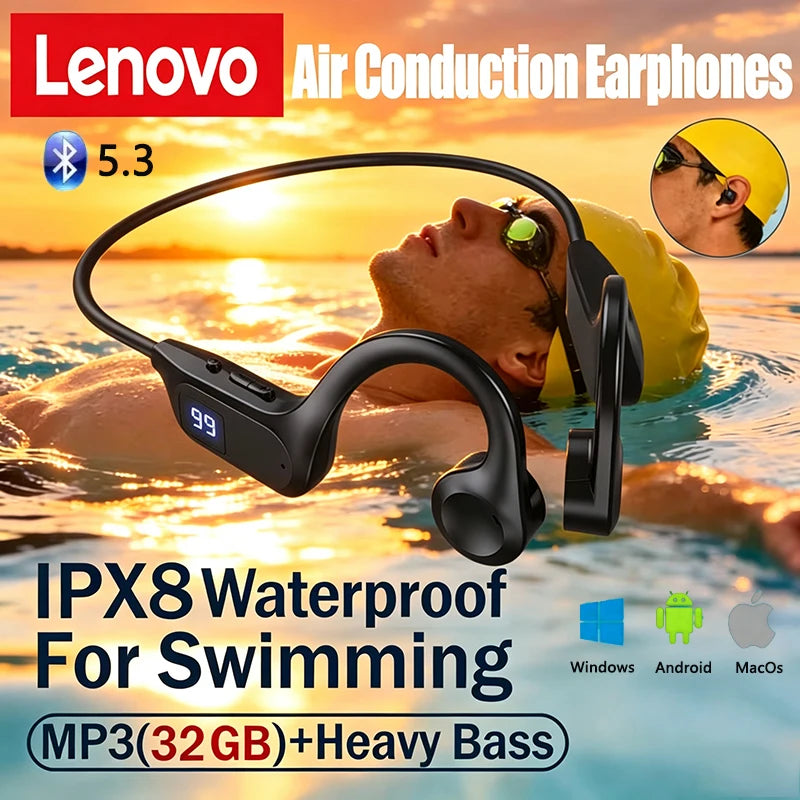 Lenovo Bone Conduction Wireless Earphone Sport Swimming Bluetooth Compatible Headphone Hand-free With Mic For Sports Running NEW