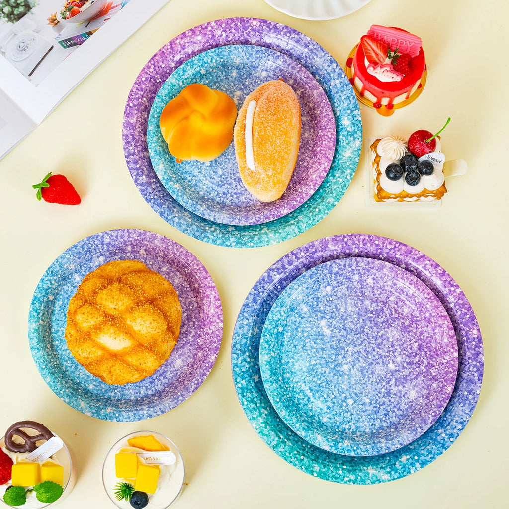 10/25/50pcs Disposable Galaxy Print Paper Plates Gradient Blue Purple Round Plates for Party Tableware