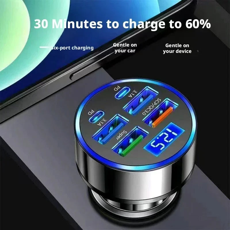 Multi Port Car Charger 6 USB Ports Super Fast Charging Car Cigarette Lighter Splitter Universal Vehicle Phone Charger Adapter