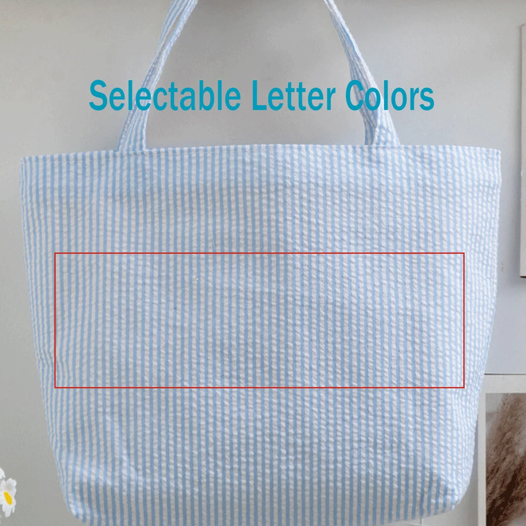 Custom Seersucker Cosmetic Handbag and Travel Organizer — Personalized Chenille Letter Toiletry Bag and Summer Beach Tote