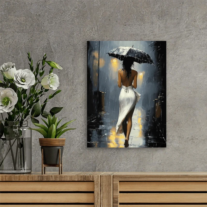 [Elegant Style] Romantic Rainy Night Canvas Art with Unframes –Elegant Umbrella Street Scene, Perfect for Living Room,Bedroom