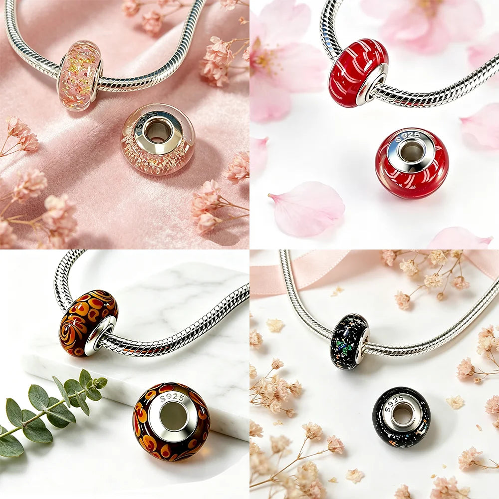 Silver-Plated Red White Stripe Glass Charms Beads Fit Original Bracelet Bag Keychain Charms Beads Pendant Diy Women Jewelry Gift