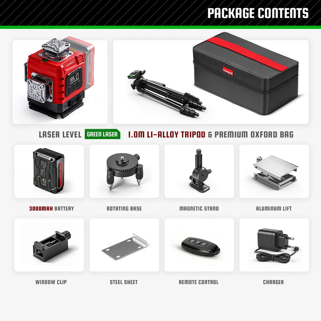 YEVOLT 16‑Line Green Laser Level 4×360° Planes Gravity Self‑Adjust Slope Function Type‑C Power Build & Tile
