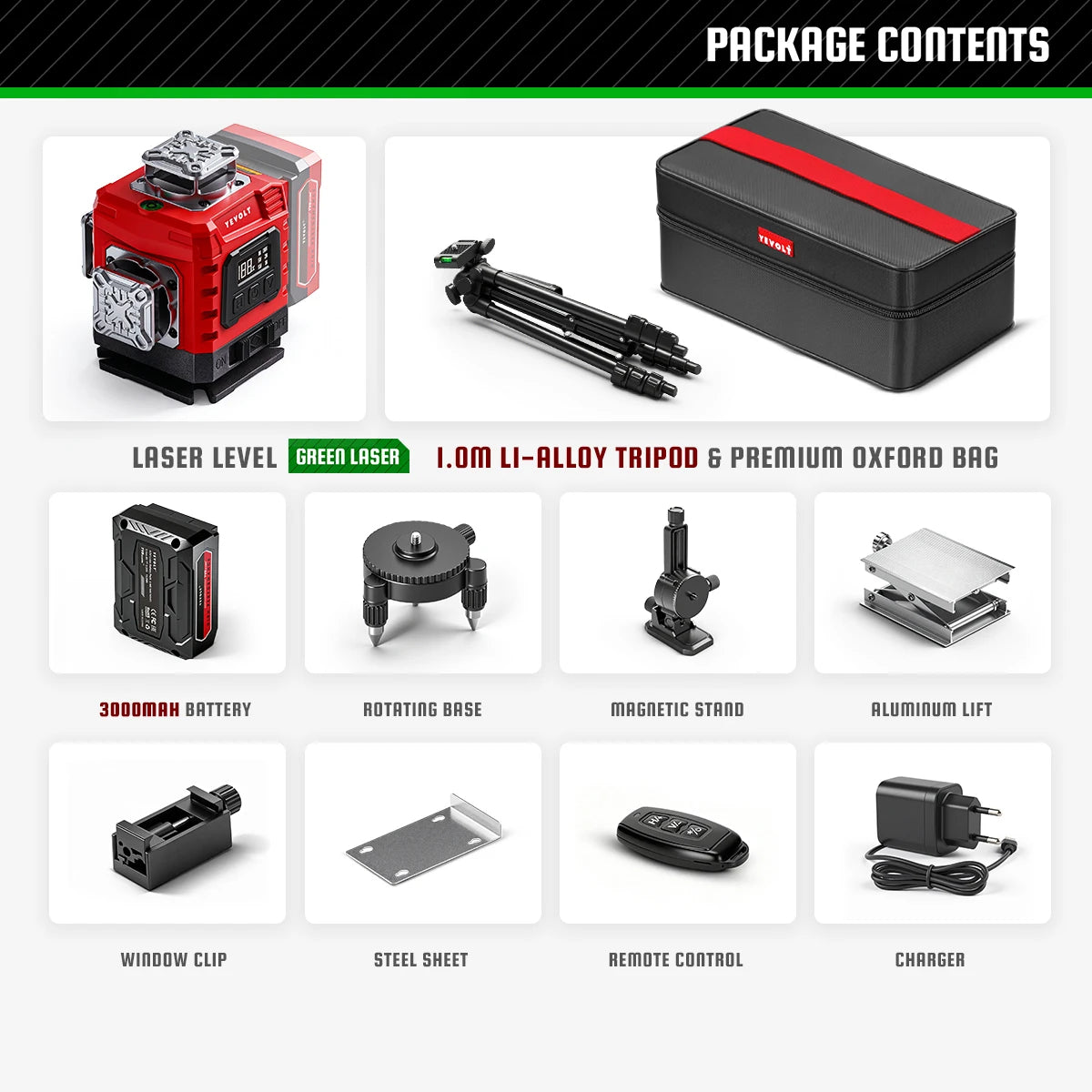 YEVOLT 16‑Line Green Laser Level 4×360° Planes Gravity Self‑Adjust Slope Function Type‑C Power Build & Tile