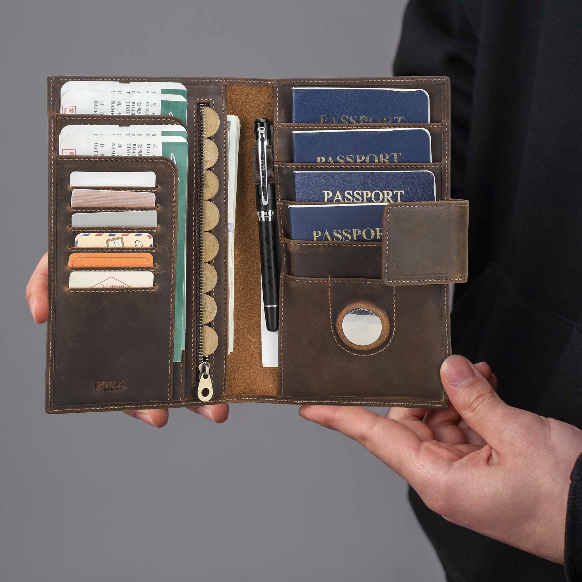 Genuine Leather Family Passport Wallet with Anti-lost Airtag Case Passport Cover For Cards Pen Holder Passport Travel Clutch Bag