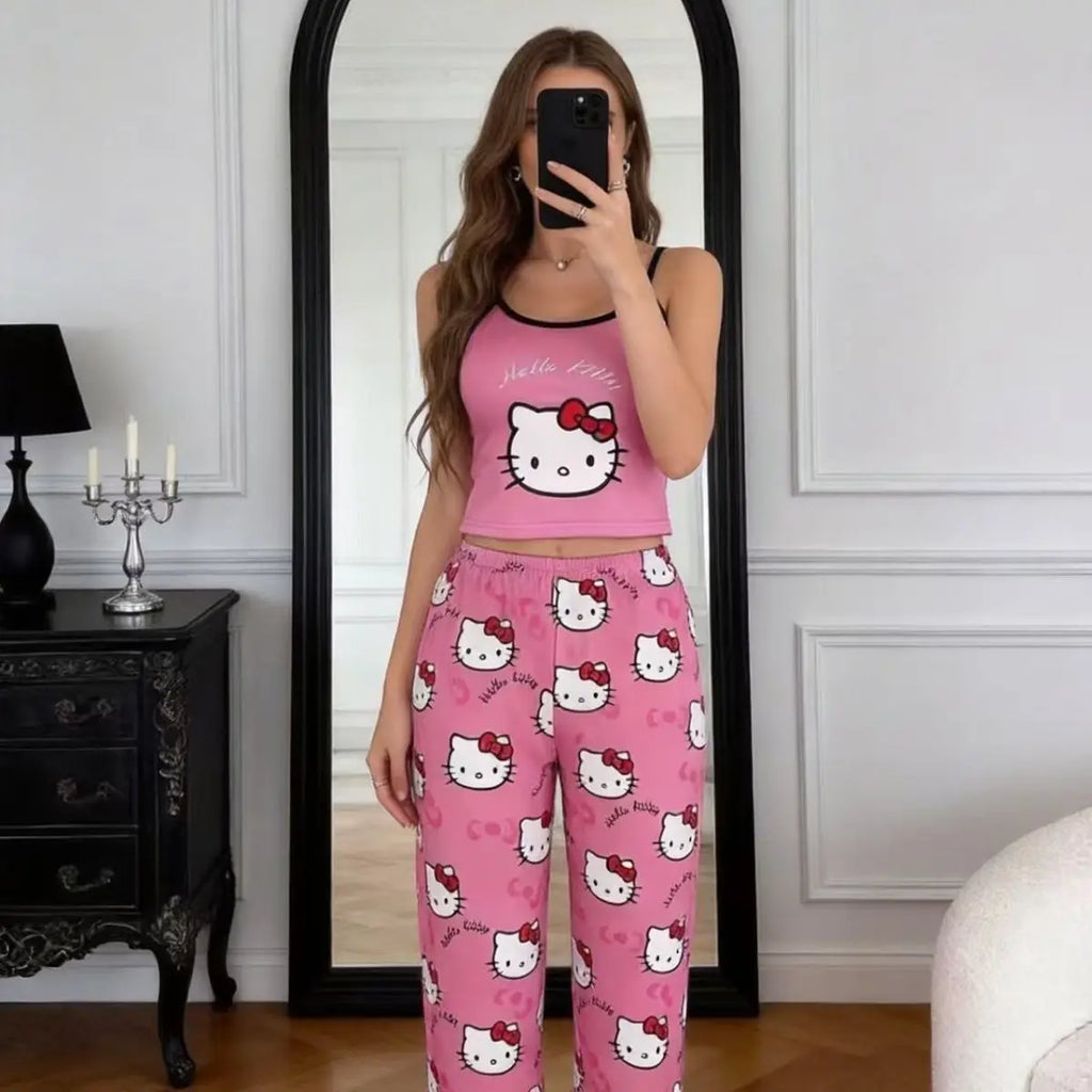 2026 Hot Style Hello Kitty Summer New Women's Black Suspender Pajama Set Comfortable Cartoon Two-Piece Home Clothes Casual Sexy