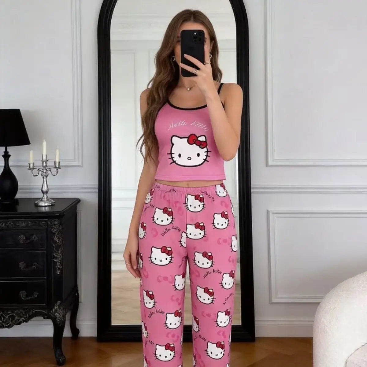 2026 Hot Style Hello Kitty Summer New Women's Black Suspender Pajama Set Comfortable Cartoon Two-Piece Home Clothes Casual Sexy