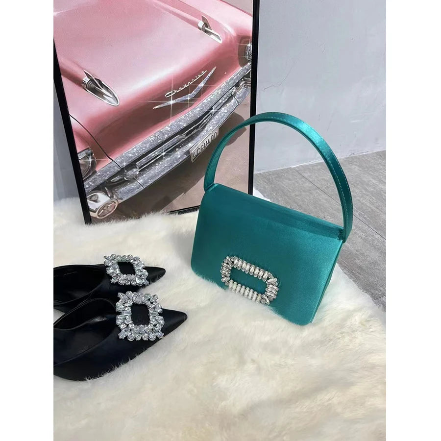Luxury Diamond Square Button Women's Evening Bag Party Clutch Purses Satin Rhinestone Small Square Bag Chains Shoulder Bag Bolsa
