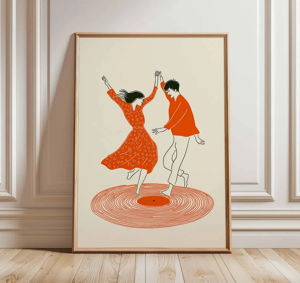 Dancing Couple Wall Art Print, Retro Record Player Poster, Modern Music Inspired Illustration for Home Bar or Living Room